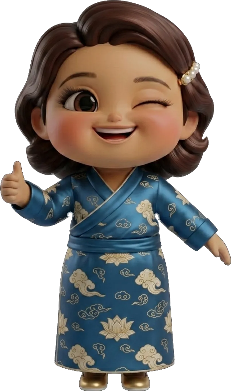 Pokchi in a blue chuba, winking and giving a thumbs up